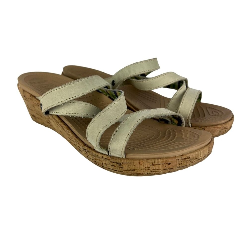 Crocs A-Leigh Wedge Cork Sandals Womens 10 Beige Strappy Comfort‎ Shoes Summer